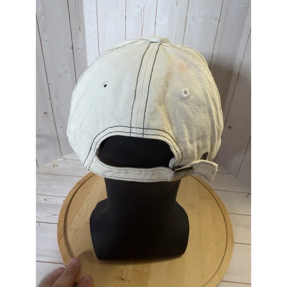 True Religion Y2k White Buddha Logo Distressed Frayed Strapback Hat Adjustable *